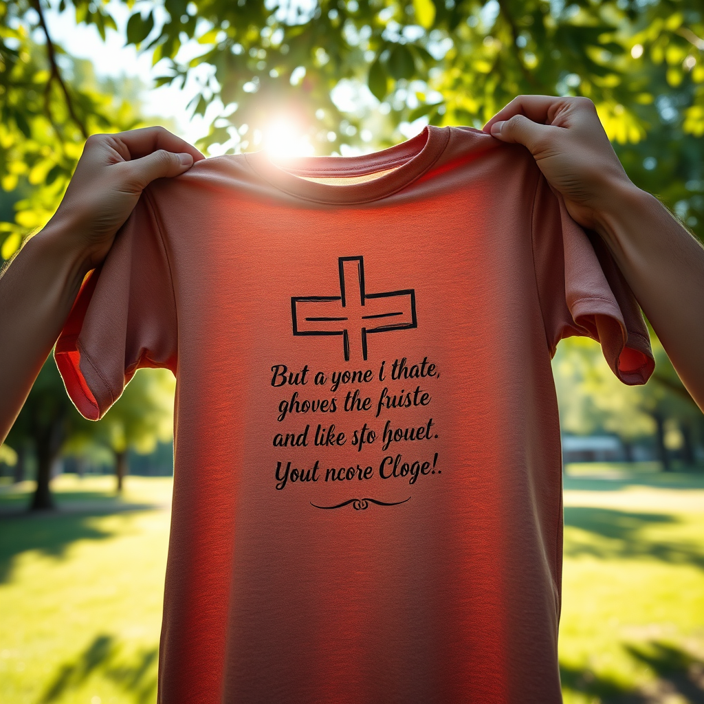 An engaging, photorealistic image of a close-up of hands lifting a t-shirt featuring a cross and inspirational quote against a backdrop of a natural setting, such as a park. The sunlight shines through leaves, casting a gentle glow on the fabric. The composition captures the texture of the shirt, with intricately designed graphics visible. Relevant props could include a Bible or other symbols of faith. The overall feel is serene, symbolizing connection to faith, showcased in hyperrealistic detail at 8K resolution.