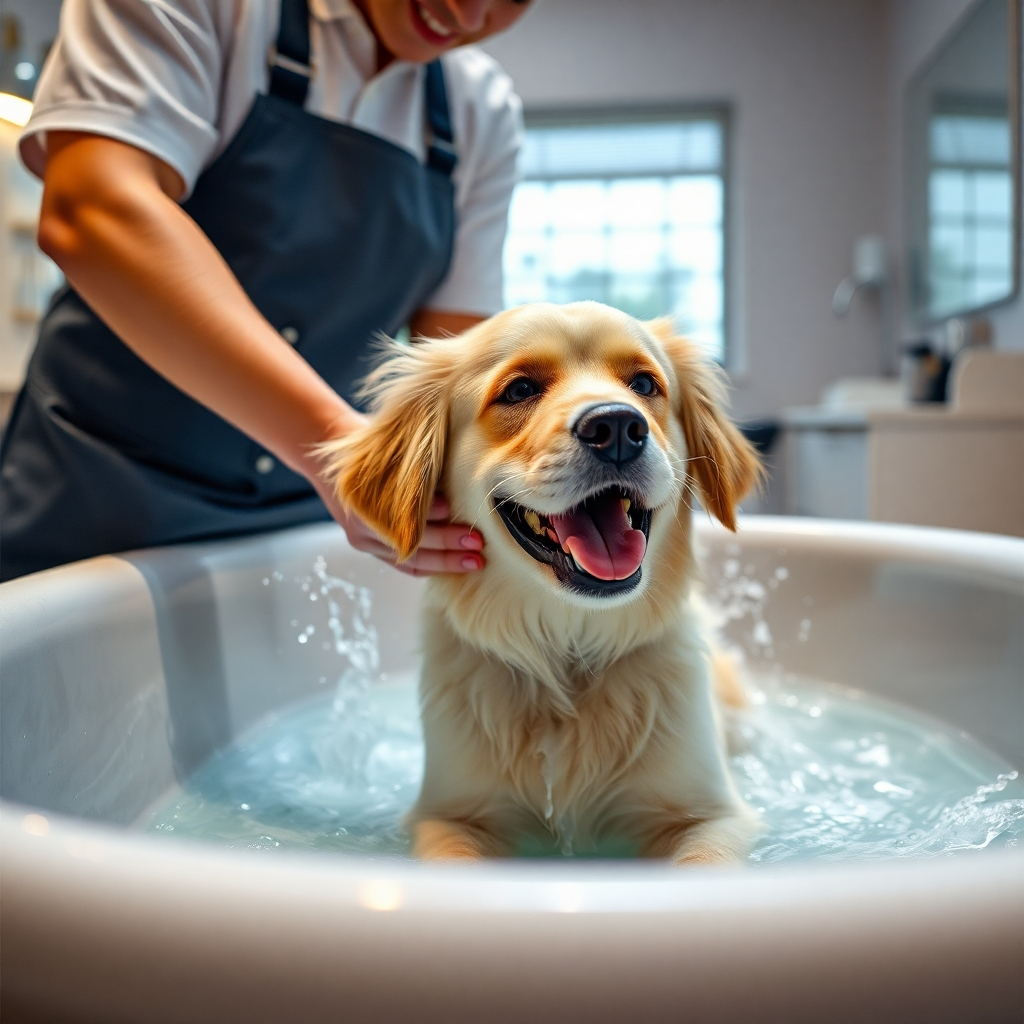 An experienced pet groomer gently bathing a relaxed dog in a bright grooming tub, using high-quality pet shampoo. The scene should include water splashes and a happy, content pet with a clean coat. Captured in a modern grooming salon environment, showcasing a tranquil and comforting atmosphere.