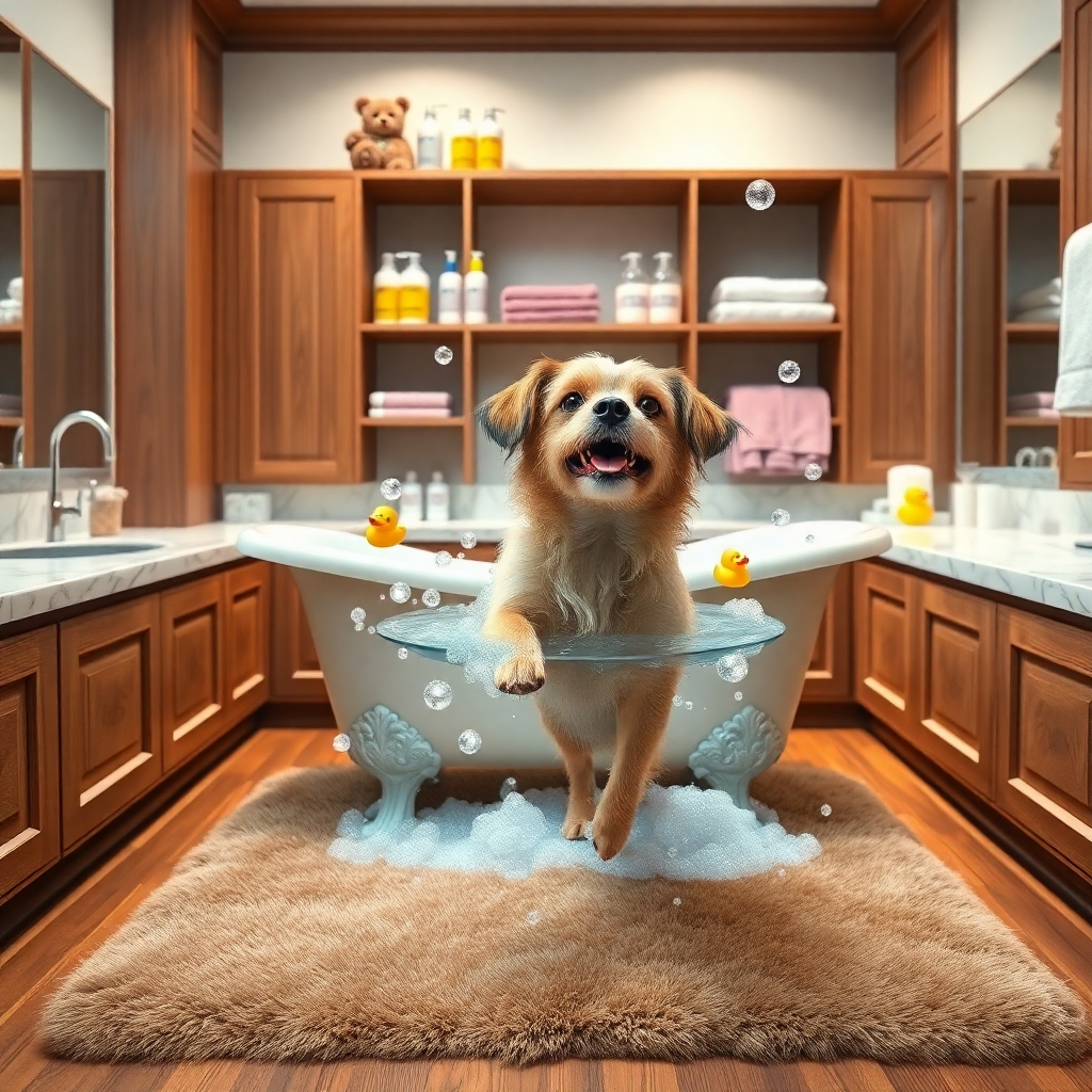 Create a photorealistic image of a small dog enjoying a luxurious bath in a beautifully designed grooming room. The room features soft diffused lighting that enhances the warm tones of the wooden cabinetry and marble countertops. A plush bath mat surrounds a large, vintage-style bathtub filled with bubbles and floating rubber duckies. The dog, with a shiny wet coat, is playfully splashing water, exuding joy. In the background, shelves are adorned with various pet grooming products and towels in pastel colors, creating a cozy atmosphere. The perspective is slightly elevated, capturing both the dog’s playful expression and the elegant decor. This scene should aspire to hyperrealism, showcasing intricate water droplets and textures, rendered in 8K resolution to highlight every detail.