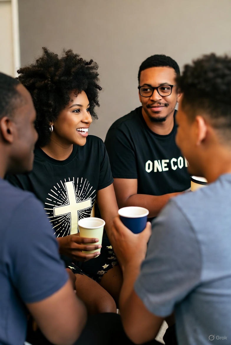 An inspiring, photorealistic image of a group of friends gathered in a cozy living room, each wearing different pieces of Christian apparel and engaged in a passionate discussion. The setting is warm and inviting, with soft lighting and colorful throw blankets around. The focus is on the joy and connection the apparel brings, with clear details of messages on their clothing. Shot in 8K resolution, this image encapsulates the idea of faith-infused community and lifestyle.
