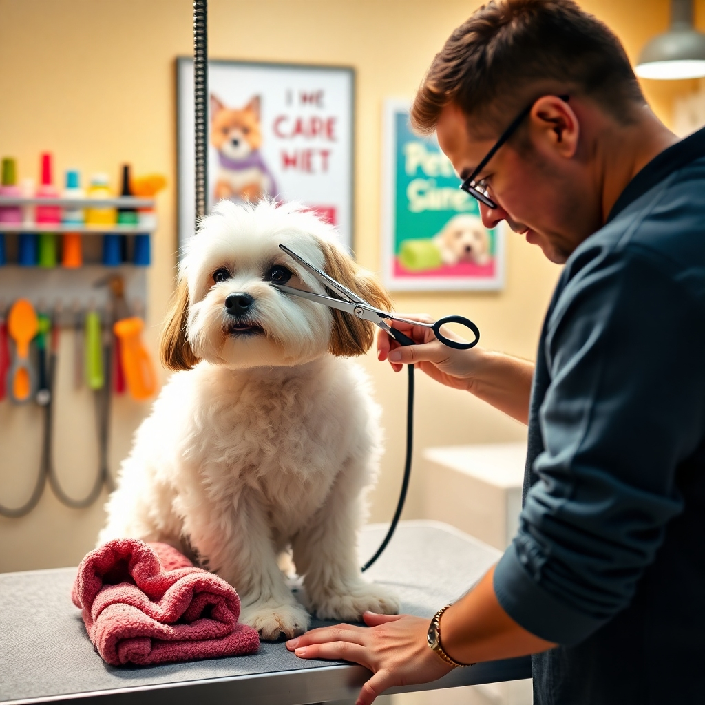 Generate a striking image of a groomer expertly trimming a fluffy dog in a well-lit grooming salon. Focus on the groomer's skilled hands holding grooming scissors with precision while the dog sits calmly on a grooming table, adorned with soft towels. The lighting is bright and cheerful, highlighting the dog's lively fur patterns and the groomer's focused expression. The background features colorful grooming tools neatly arranged on a wall-mounted shelf, and motivational pet care posters add an inviting touch to the environment. From a side angle, capture the bond between the groomer and the dog, emphasizing the comfort and trust. The image should be hyper-realistic, showcasing the texture of the dog's fur and the details of grooming tools, in 8K resolution for maximum clarity.