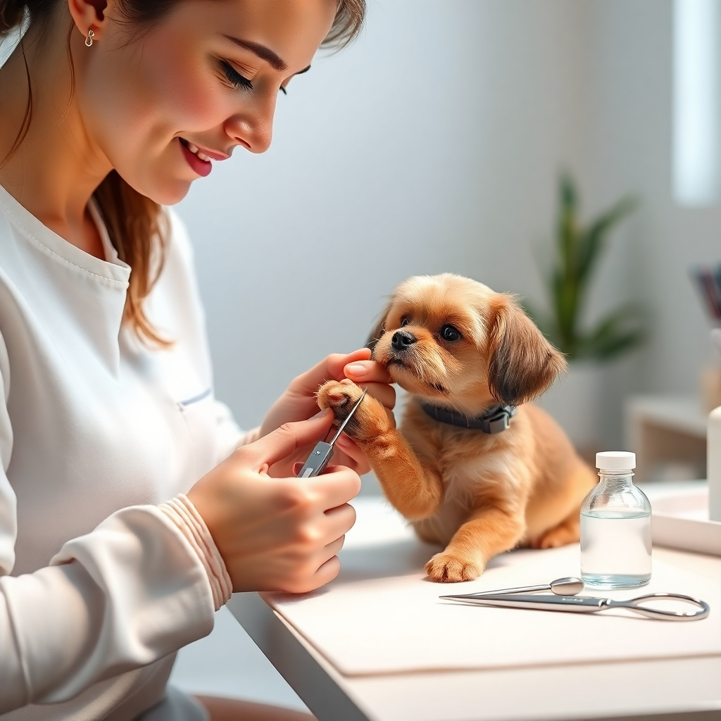 Illustrate a calm and serene atmosphere of a pet grooming session focused on nail clipping and ear cleaning for a small dog. The frame should capture a tender moment where a groomer is delicately holding a dog's paw while snipping its nails. The soft diffused lighting creates a soothing environment, and the minimalist decor of the grooming station ensures the focus remains on the pet. There should be a pet-friendly ear cleaning solution and tools artfully positioned on a nearby table. The groomer's expression conveys gentle care and patience. The setting is light and airy, creating a stress-free vibe. The image should be hyperrealistic, rendered in 8K resolution, showcasing the fine textures of the dog's fur and the tools, insisting on an atmosphere of trust and care.