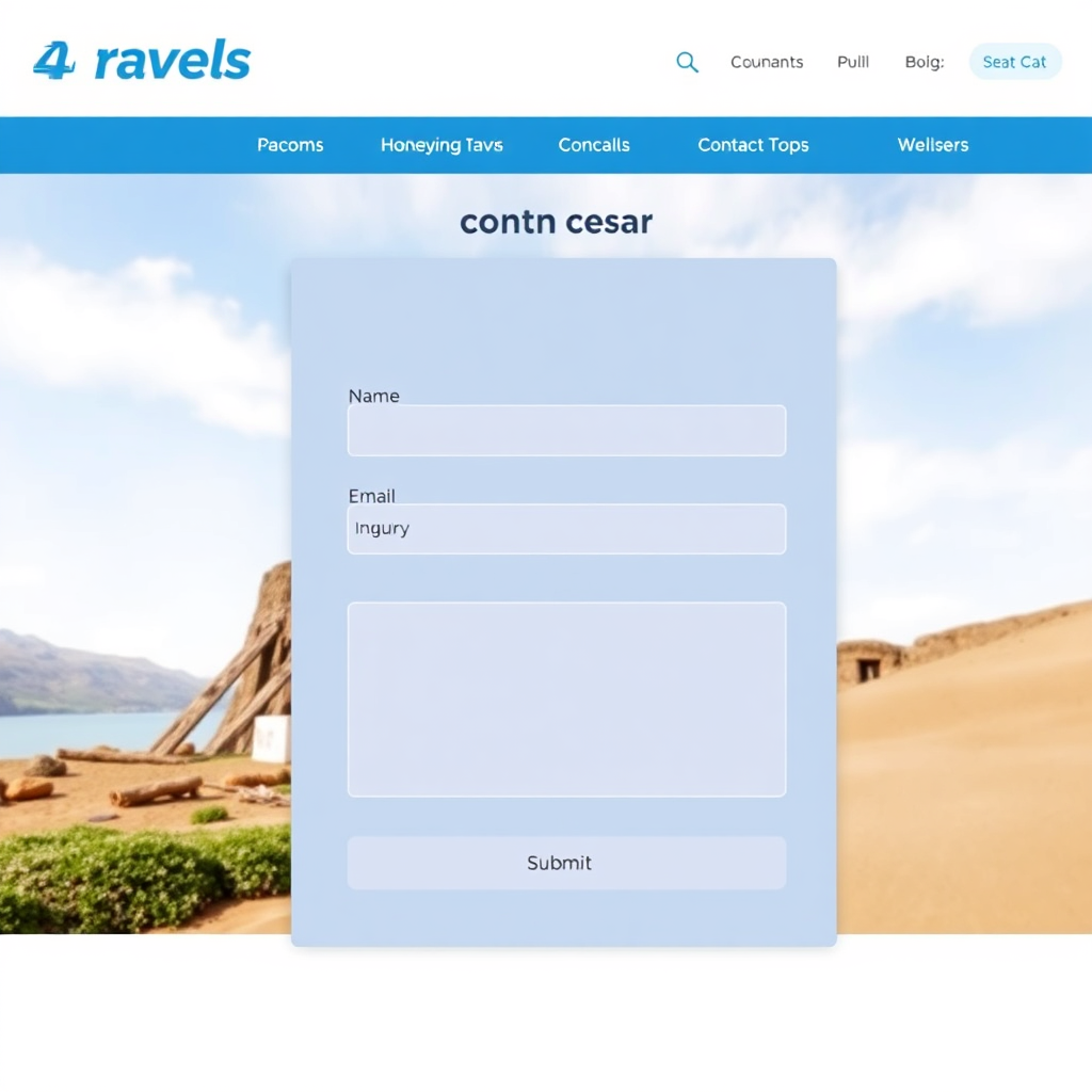 A clean and intuitive contact form embedded on a travel website, demonstrating fields for name, email, and inquiry. The form should have a clear 'Submit' button and be designed for easy use.