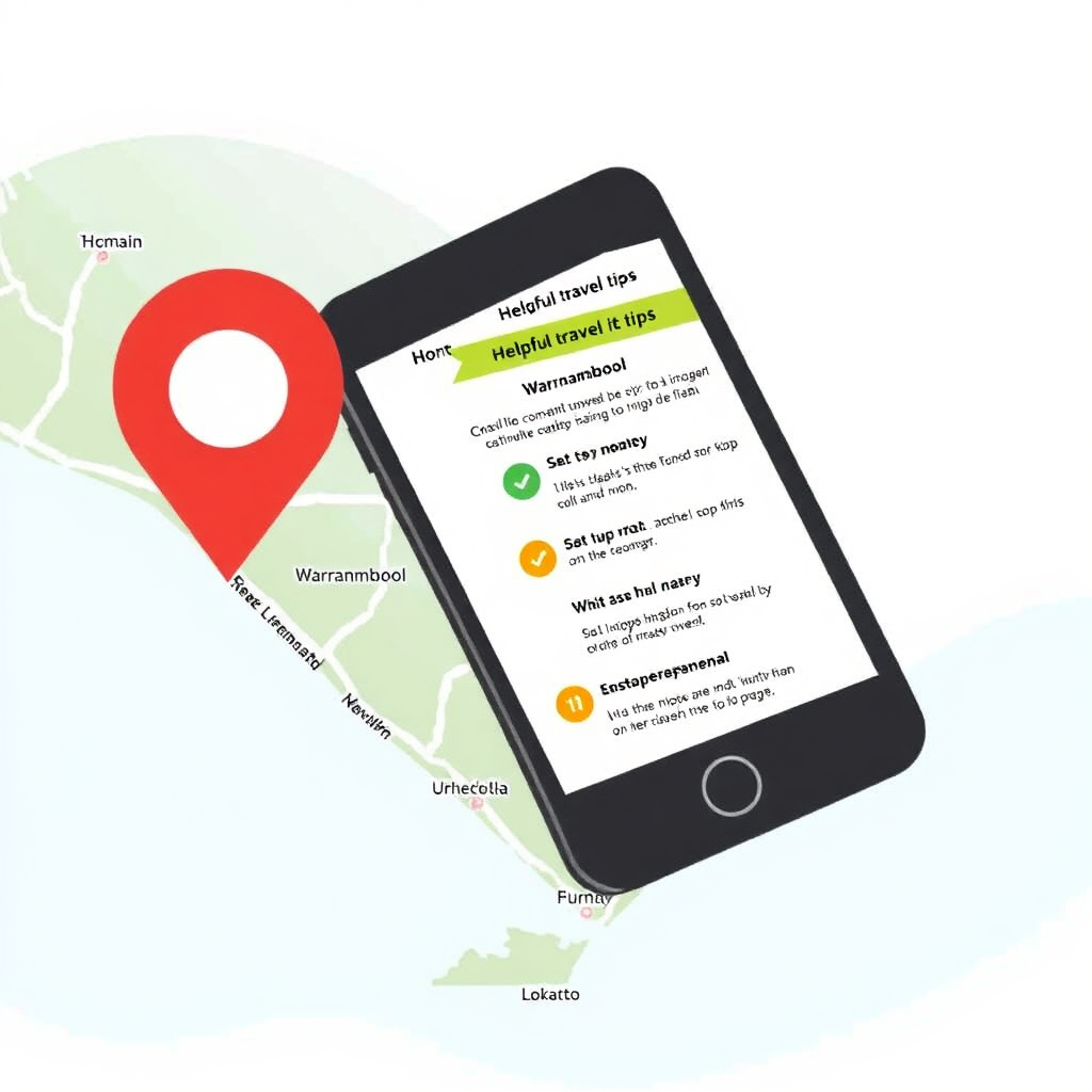 A stylized illustration of a phone displaying helpful travel tips overlaid on a map of Warrnambool, symbolizing the practical advice shared by the travel agency.