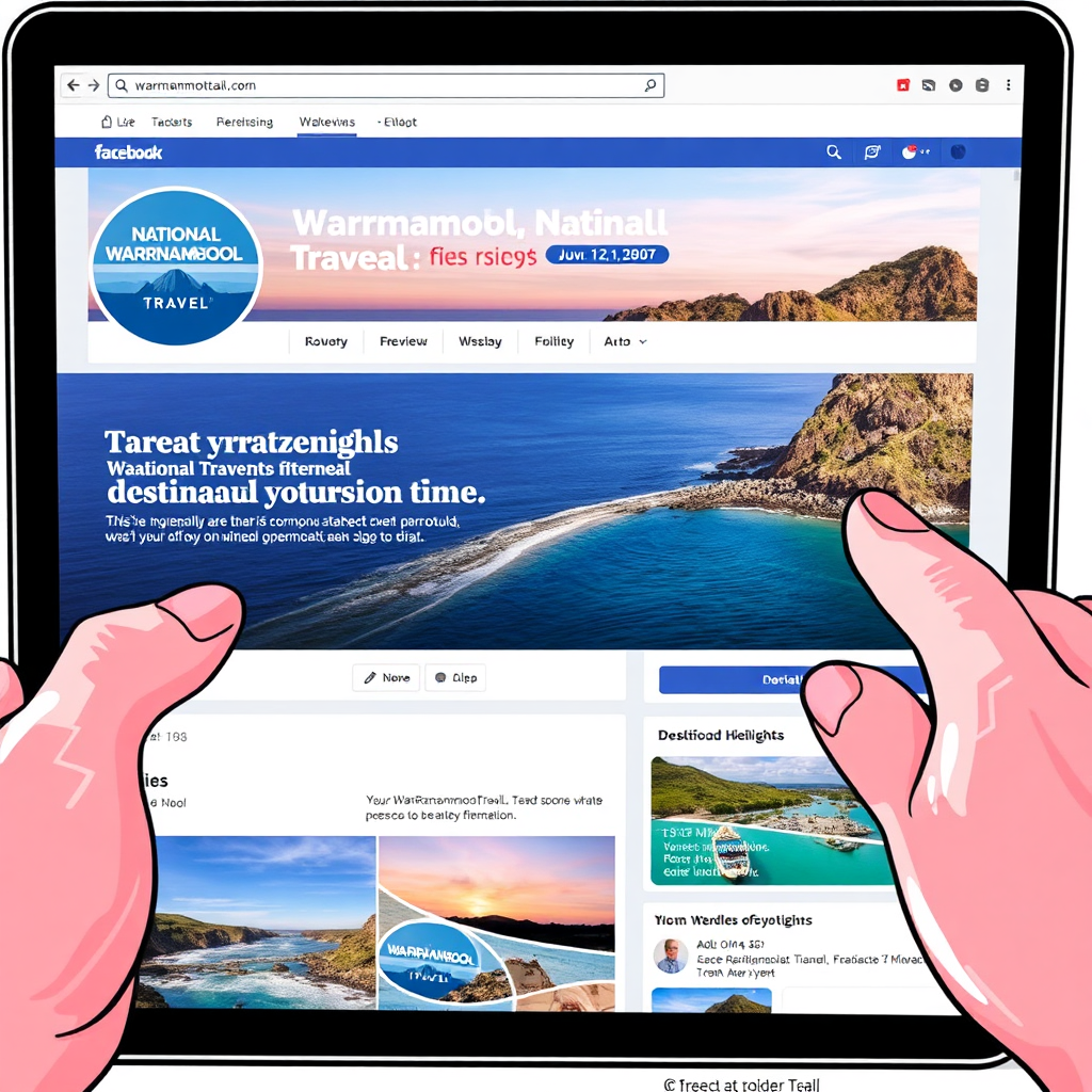 A vibrant digital rendering of a user scrolling through the National Warrnambool Travel Facebook page, emphasizing travel deals and destination highlights. Use bright, eye-catching graphics and typography, styled in a modern and engaging way.
