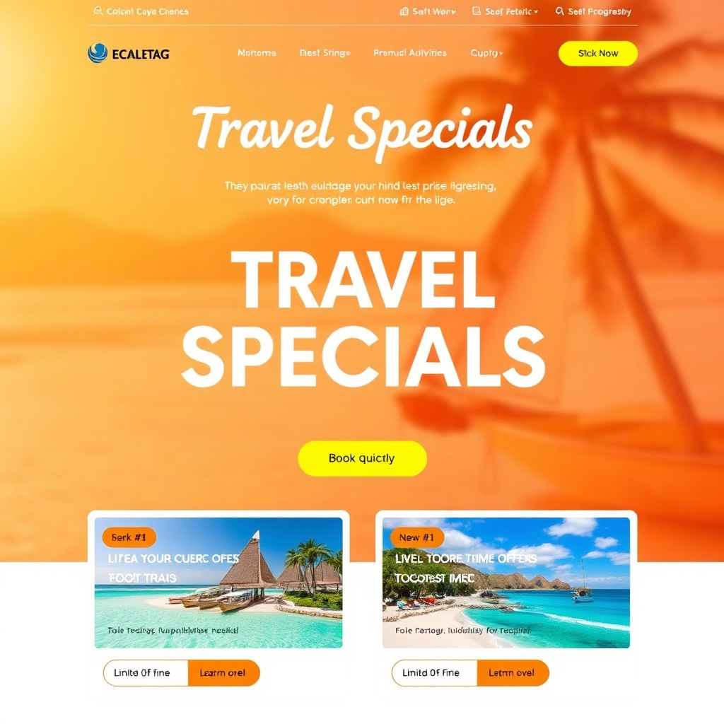 A vibrant webpage design dedicated to showcasing travel specials. Highlighted deals with enticing images and call-to-action buttons. Display the limited-time offers, encouraging users to book quickly.