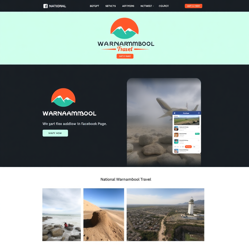 A visually appealing website design mockup featuring National Warrnambool Travel's logo and color scheme inspired by its Facebook page, emphasizing a cohesive brand identity. Clean, modern layout.