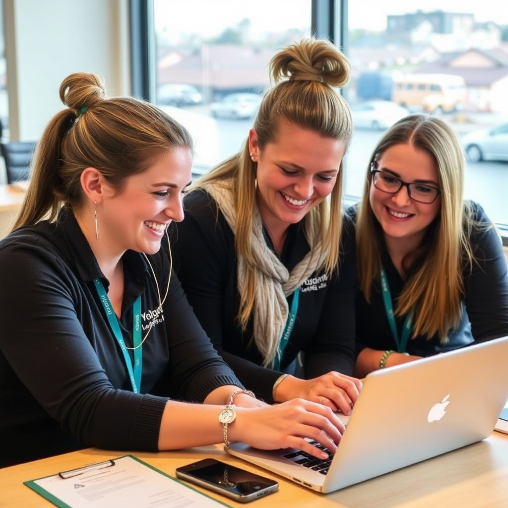 A warm, candid photo of the National Warrnambool Travel team working together, posting content to their Facebook page. Showcase a collaborative and friendly atmosphere.