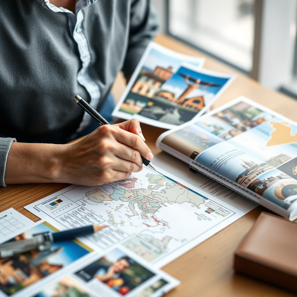 Capture a close-up shot of a travel planner carefully sketching an itinerary on a map, surrounded by travel brochures and destination photos. Soft lighting and warm colors create a sense of personalized service.
