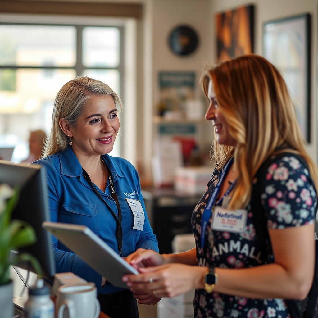 Capture a scene showing a travel agent responding to comments and messages on the National Warrnambool Travel Facebook page. Depict a warm, professional interaction, showcasing the company's dedication to customer service and communication.