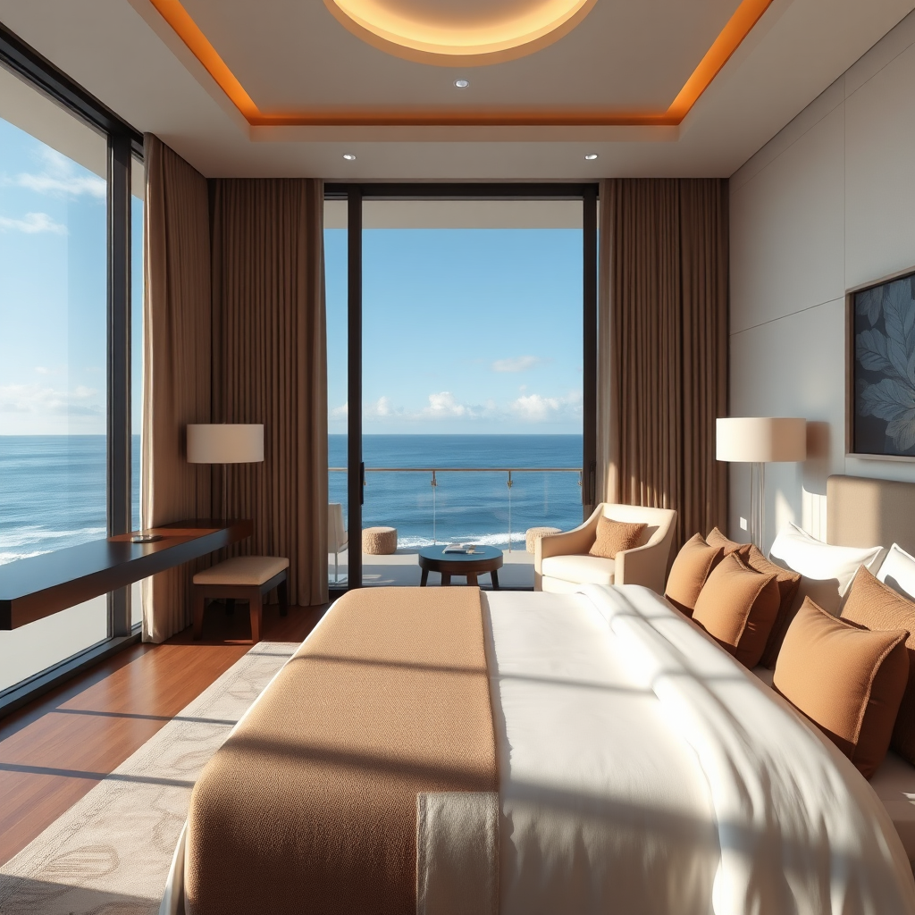 Create a photorealistic image of a luxurious hotel suite with a stunning ocean view. Emphasize the comfort and relaxation of the space with soft lighting and plush furnishings.