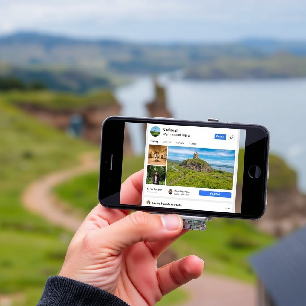 Create an image showcasing a traveler holding a smartphone displaying inspiring travel photos from the National Warrnambool Travel Facebook page, set against a backdrop of a beautiful landscape.