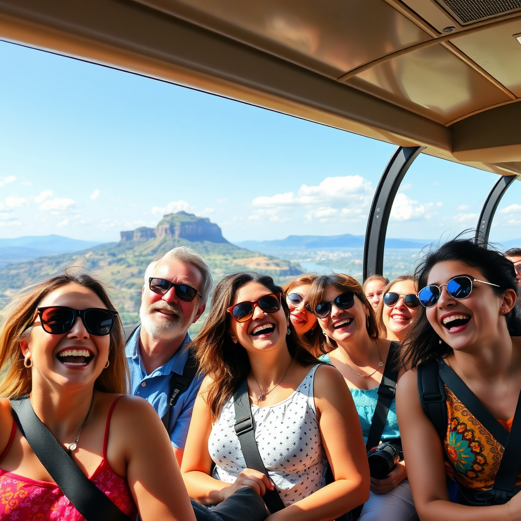Depict a vibrant group of tourists laughing and enjoying a scenic view from a tour bus. Include diverse nationalities and ages, showcasing the inclusive nature of the tours.