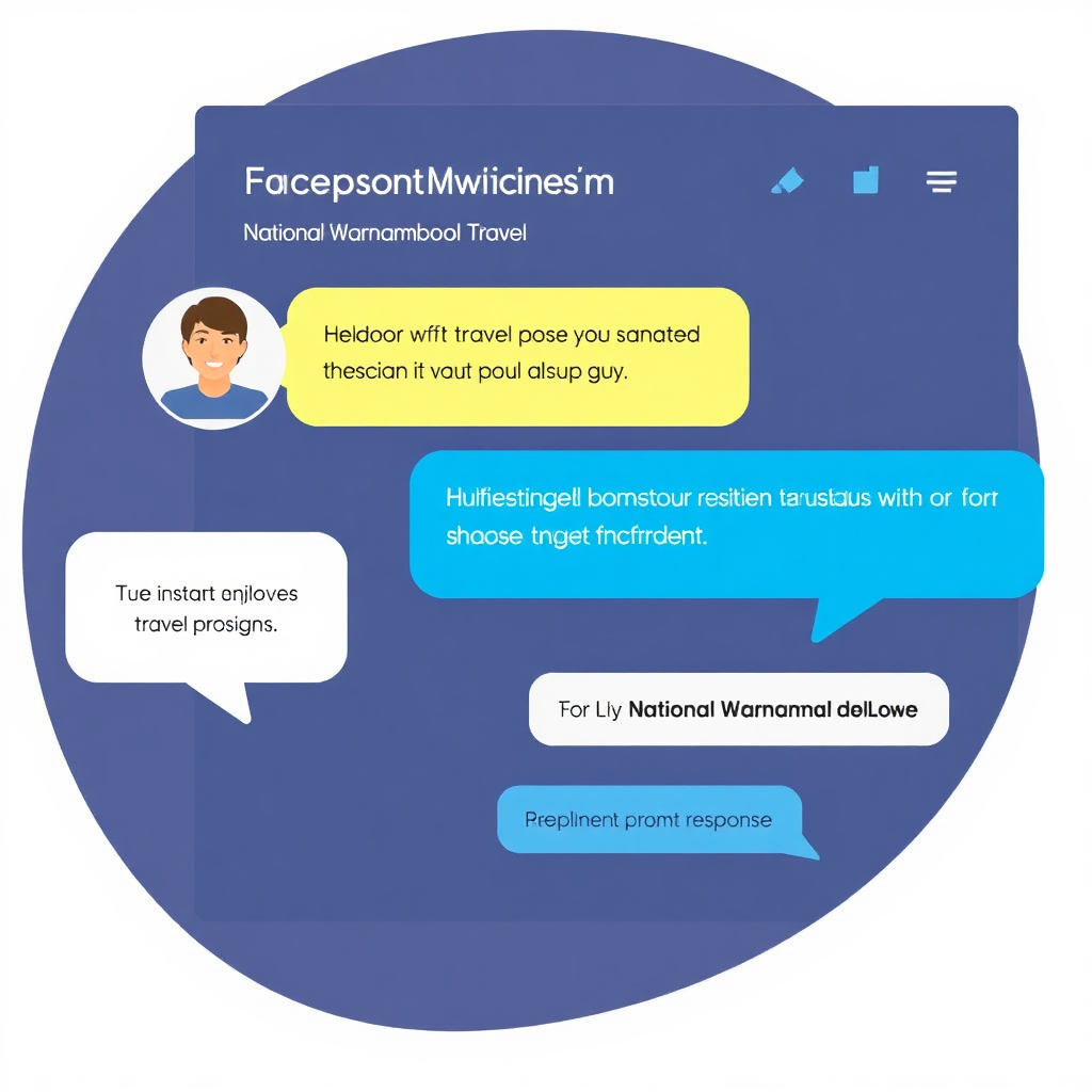 Illustration of a Facebook chat interface featuring the National Warrnambool Travel's representative providing instant travel advice, with notification bubbles showing prompt response.