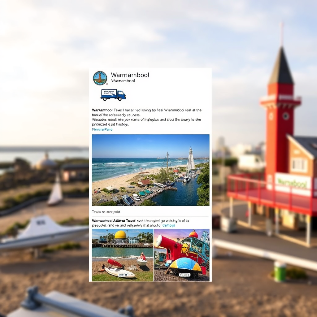 Photorealistic image of local attractions of Warrnambool displayed through a mockup of a Facebook feed, captured in natural light, with comments from locals praising National Warrnambool Travel.