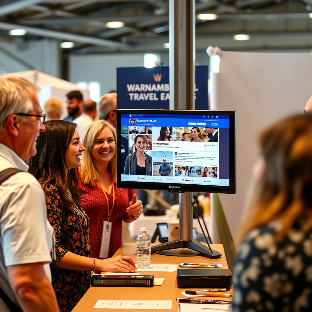 Photorealistic image of people interacting and smiling at a travel booth during a local Warrnambool event. Showcase a screen displaying National Warrnambool Travel's Facebook page, highlighting community posts and engagement. Capture natural lighting and genuine expressions.