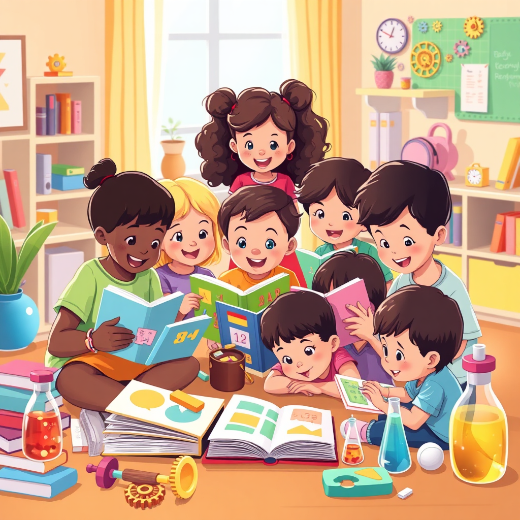 Hero illustration of kids learning with books and science activities