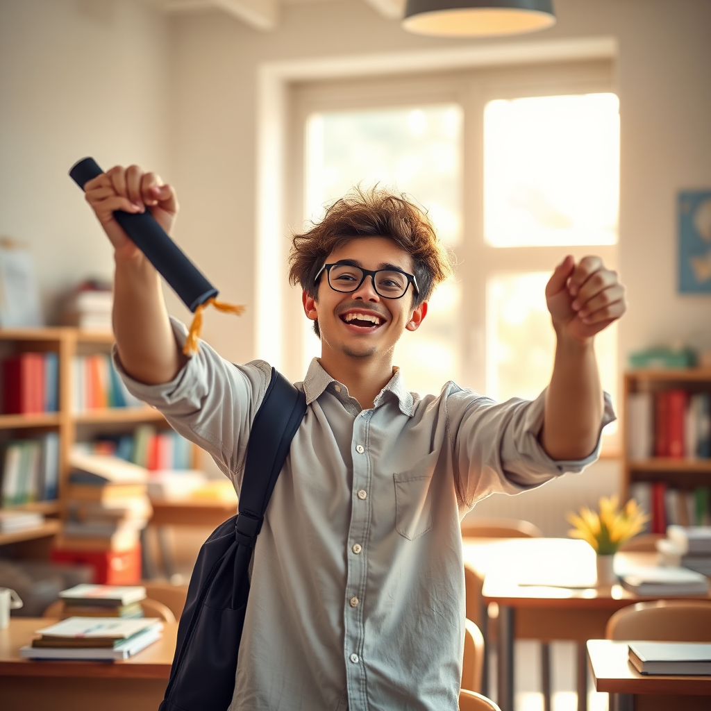  A captivating image depicting a student excitedly unrolling a diploma or certificate in a bright classroom filled with books and learning materials. The warm light streaming through the window highlights the sense of accomplishment. The close-up with a focus on the diploma symbolizes the achievement of educational goals. The background should be soft to emphasize the forward-looking nature of the student, rendered in vibrant colors.