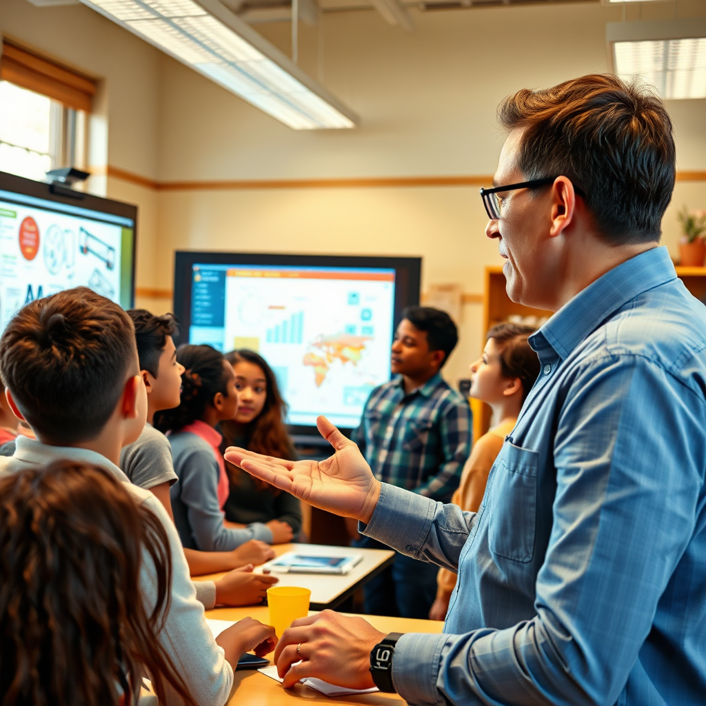  A professional educator explaining complex STEM concepts on a digital board in front of a diverse group of eager students. The warm, inviting classroom should have technological elements, and the instructor's engaging expression should be emphasized. The environment should resonate with innovation and knowledge, aiming for a detailed depiction in a vibrant style.