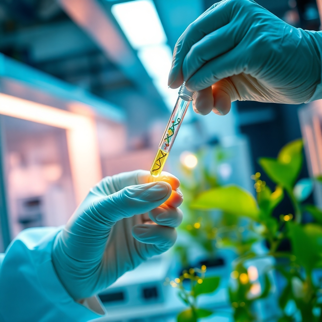 A close-up photorealistic image of a scientist's hands carefully extracting DNA from a plant sample in a high-tech laboratory setting. Focus on the precision and detail. The lighting is focused and bright, highlighting the intricacies of the procedure. The color palette leans towards cool blues and greens, with accents of gold. The environment is sterile and modern, reflecting the cutting-edge nature of the research. Style: hyperrealistic scientific photography. Technical specs: 4K, high detail.