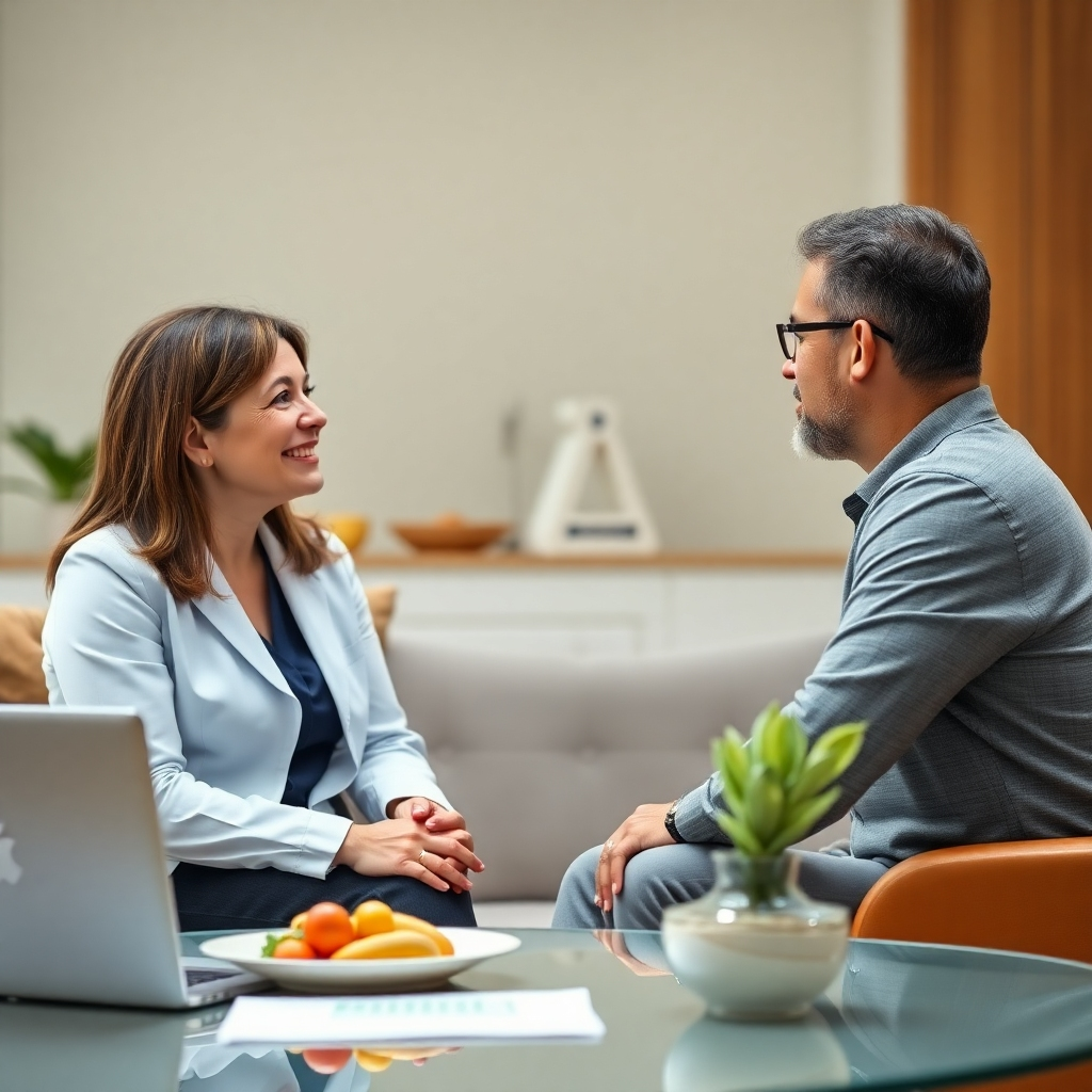 A photorealistic image of a consultant meeting with a client, discussing nutrition strategies and solutions. The lighting should be professional and supportive, creating a comfortable environment. The color palette should be warm and inviting, reflecting the collaborative nature of the consultation. The composition should convey a sense of trust and expertise. Style reference: business photography. Technical specs: 4K, high quality.