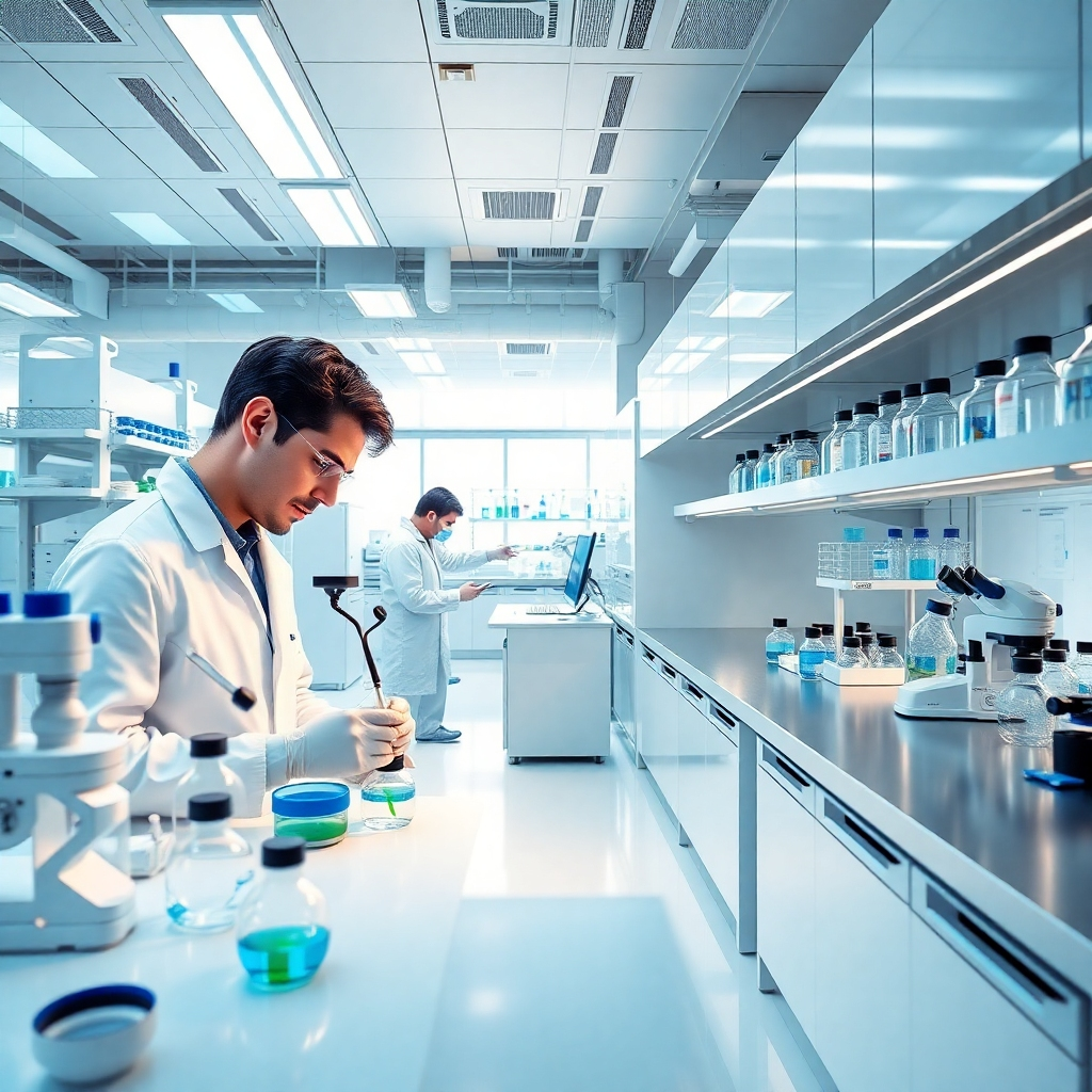 A photorealistic image of a state-of-the-art research laboratory, filled with scientists conducting experiments and analyzing data. The lighting should be bright and focused, highlighting the precision of the work. The color palette should be clean and modern, with accents of blue and green. The composition should convey a sense of innovation and discovery. Style reference: scientific photography. Technical specs: 4K, high quality.