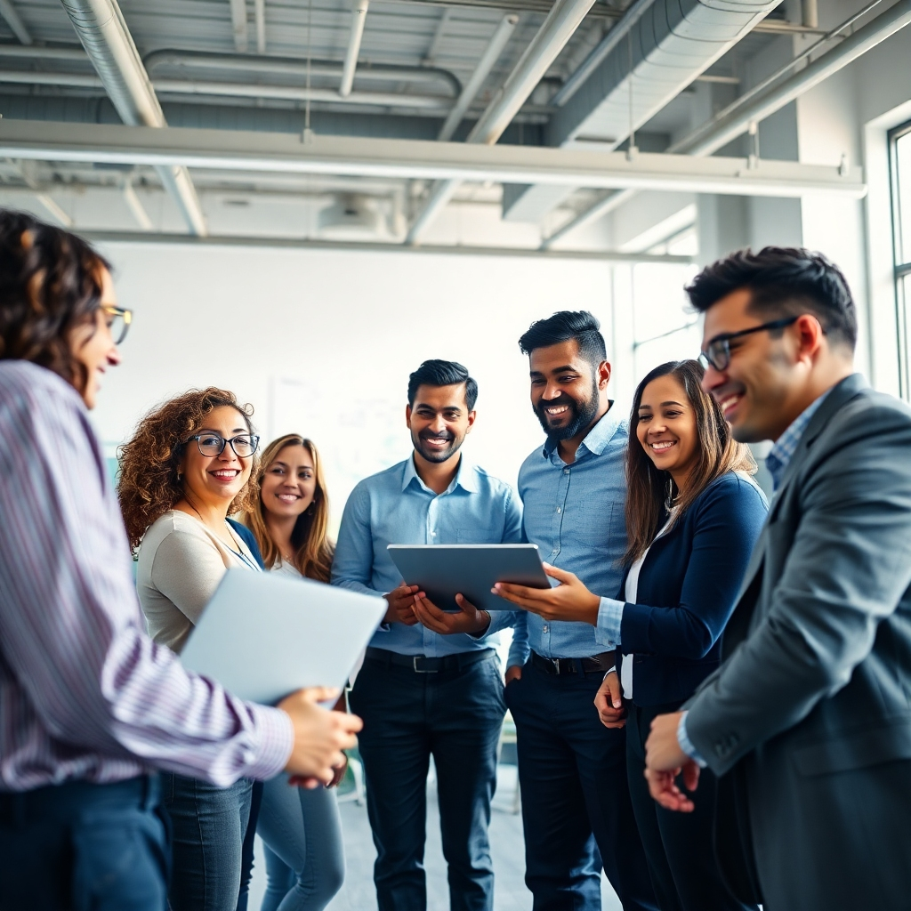 A photorealistic image of diverse group of people working together in a collaborative environment. The composition should emphasize the teamwork and innovation. The lighting should be bright and professional, with a color palette dominated by clean whites and blues. The camera angle should be wide, capturing the scale of the collaboration. Style reference: business photography. Technical specs: 4K, high quality.