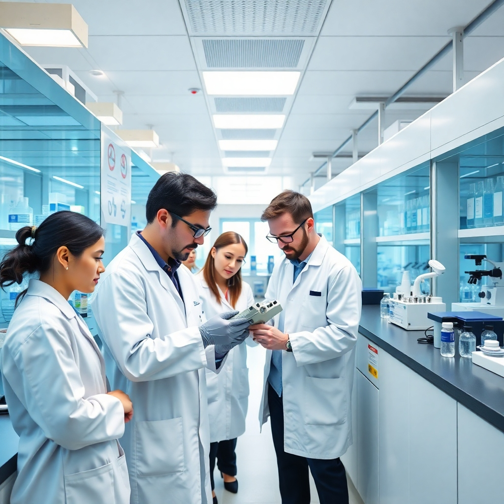 A photorealistic image of scientists working collaboratively in a state-of-the-art research facility. The composition should emphasize the teamwork and innovation. The lighting should be bright and professional, with a color palette dominated by clean whites and blues. The camera angle should be wide, capturing the scale of the facility. Style reference: scientific photography. Technical specs: 4K, high quality.