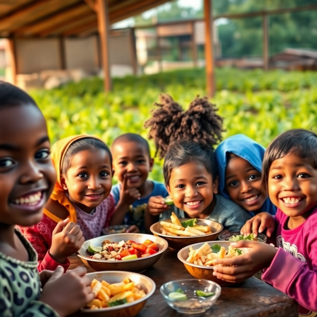 A photorealistic image showcasing a diverse group of children happily eating nutritious meals in a community setting. The composition should emphasize the joy and health of the children, with a backdrop of a vibrant, sustainable farm. The lighting should be warm and inviting, with a color palette dominated by bright, cheerful colors. The camera angle should be slightly low, capturing the children's expressions. Style reference: humanitarian photography. Technical specs: 4K, high quality.