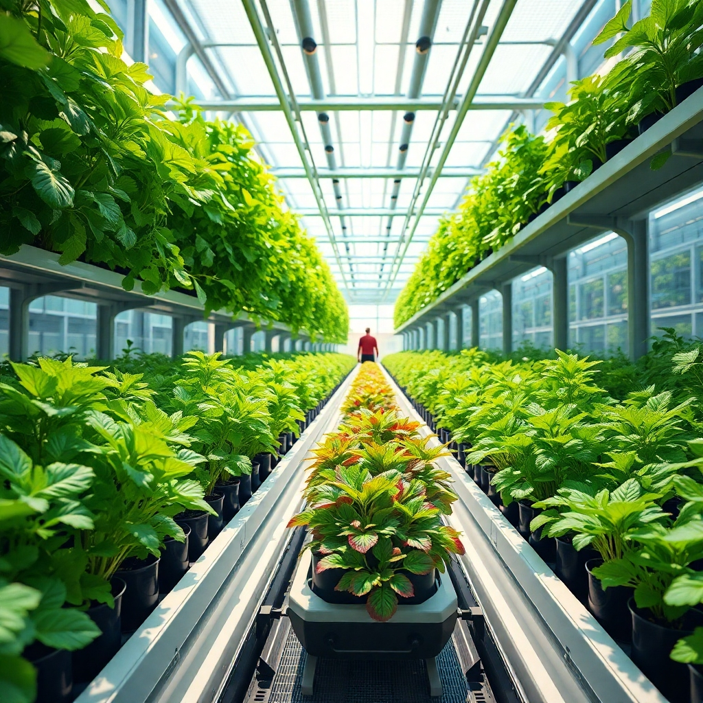 A vibrant, photorealistic image of a futuristic vertical farm, with lush greenery growing in a controlled environment. The composition should highlight the sustainable technology and the abundance of fresh produce. The lighting should be bright and natural, with a color palette dominated by greens and blues. The camera angle should be wide, capturing the scale of the farm. Style reference: architectural visualization. Technical specs: 4K, high quality.
