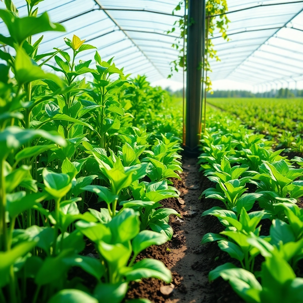 A vibrant, photorealistic image of a sustainable farm, with lush crops growing in a healthy ecosystem. The composition should emphasize the balance between nature and technology. The lighting should be bright and natural, with a color palette dominated by greens and blues. The camera angle should be wide, capturing the scale of the farm. Style reference: agricultural photography. Technical specs: 4K, high quality.