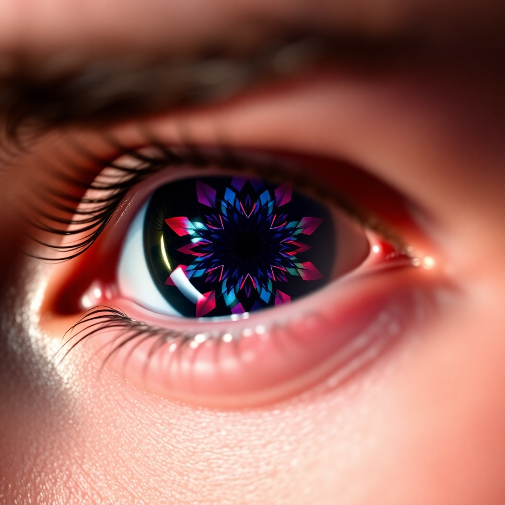 A close-up shot of a person's eye reflecting a stunning and dynamic motion graphic. The motion graphic consists of abstract shapes and vibrant colors that create a mesmerizing pattern. The focus is on the eye and the reflection within it. The lighting is dramatic, highlighting the contrast between the dark pupil and the vibrant reflection.