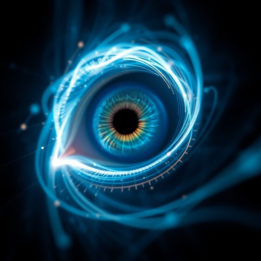 A dynamic motion graphic still. Imagine lines of light particles swirling and converging to form an abstract representation of a human eye. The eye is open and looking directly at the viewer. The background is dark and out of focus. A sense of movement and energy must be created through careful use of colors and light.