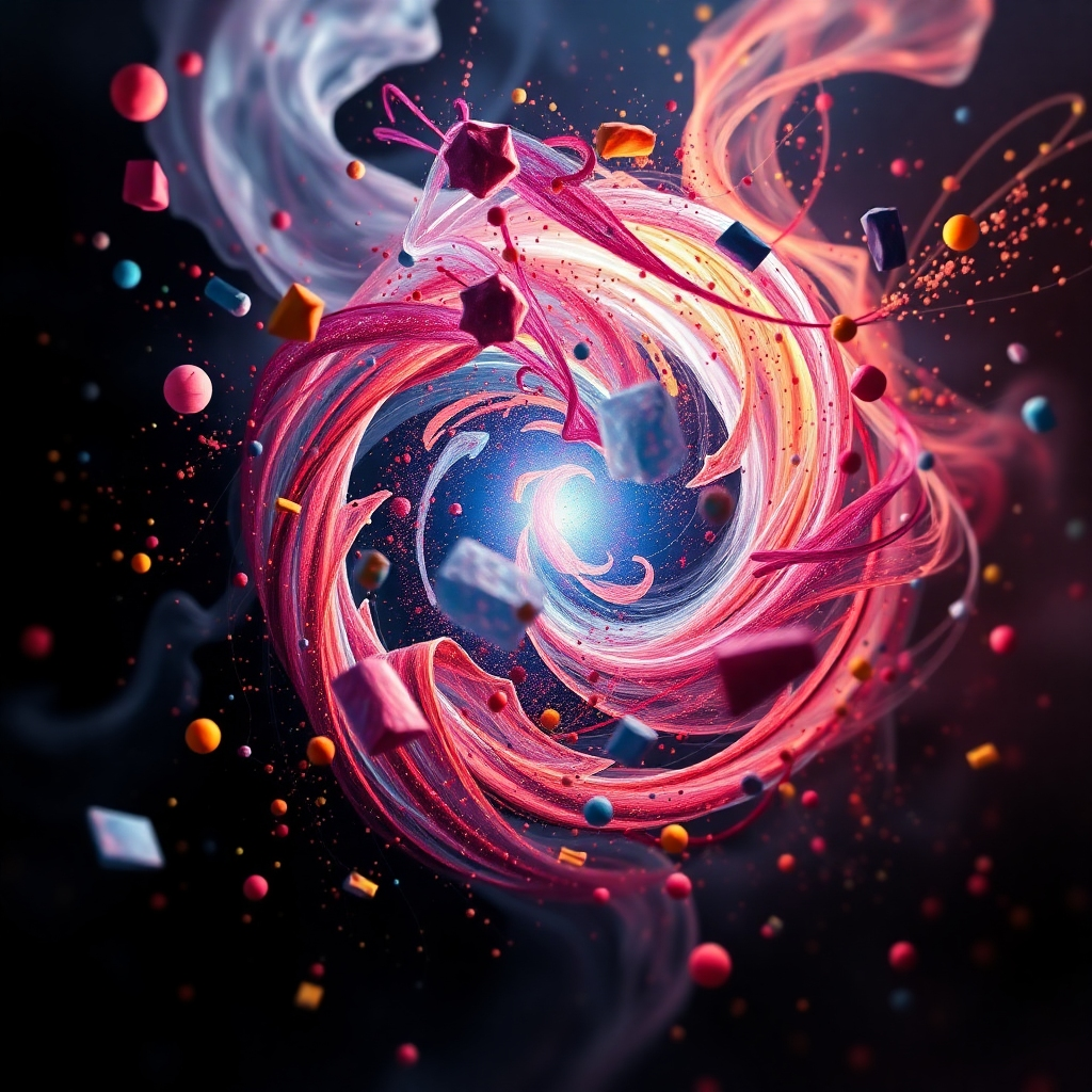 A dynamic scene of abstract shapes and particles swirling around a central focal point. The scene is filled with vibrant colors and dramatic lighting, creating a sense of movement and energy. The composition is balanced and visually appealing, drawing the viewer's eye to the center.