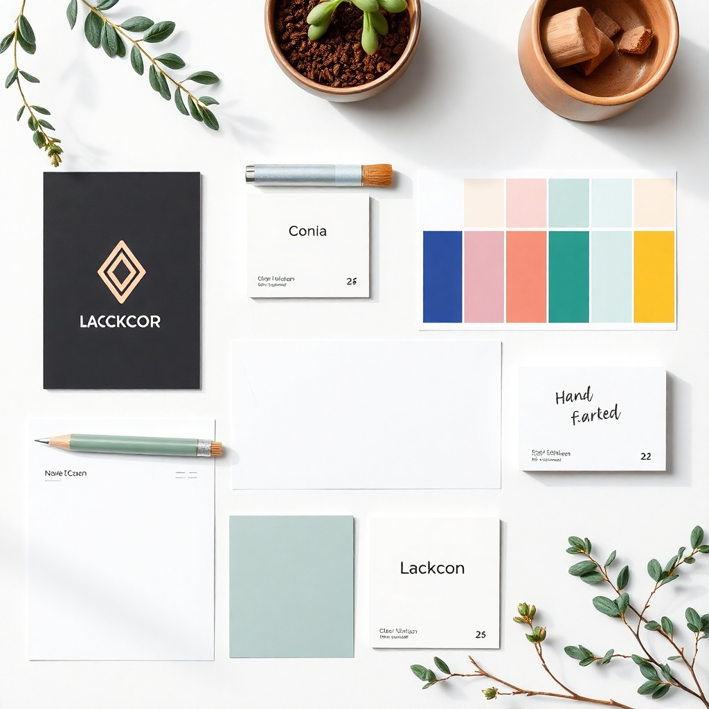 A flat lay image featuring various brand identity elements, including a logo mockup, color swatches, font samples, and business cards. The composition is clean and organized, with a focus on visual harmony. The lighting is soft and natural, highlighting the textures and colors of the elements.