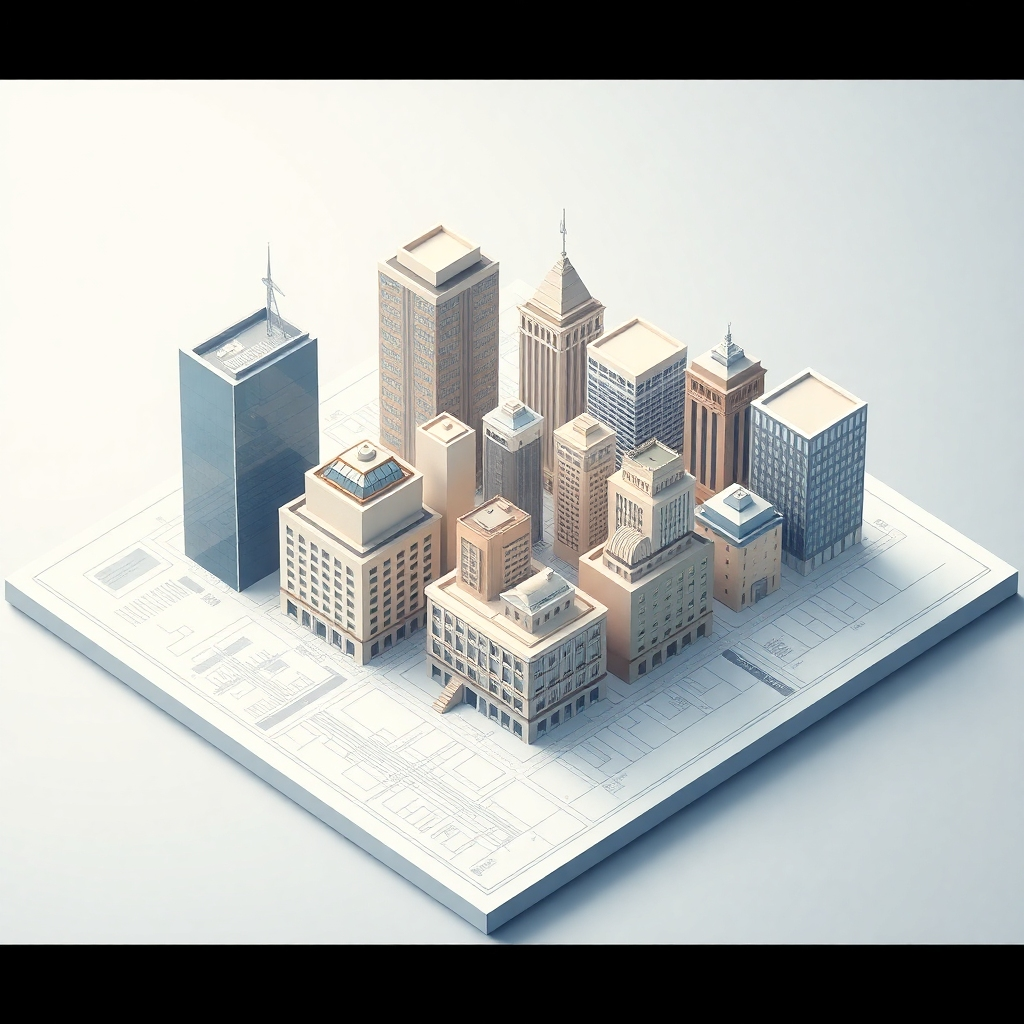 A meticulously crafted isometric illustration of a cityscape being assembled piece by piece on a blueprint. Each building represents a different aspect of a brand. The lighting is soft and diffused, highlighting the precision and planning involved in strategic design. The color palette is muted and professional.