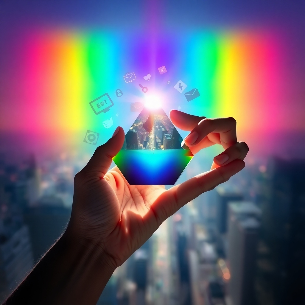 A photorealistic image depicting a hand holding a prism that refracts light into a vibrant rainbow showcasing various icons and design elements floating in mid-air. The backdrop features a softly blurred cityscape, hinting at the broad reach of visual storytelling. The lighting is dramatic, highlighting the prism and the rainbow. The prism itself should be highly detailed and reflective.