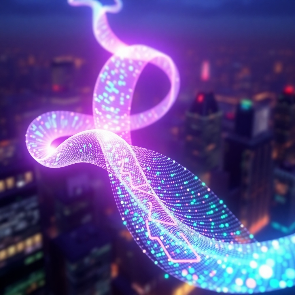 A photorealistic rendering of a flowing ribbon made of animated data streams. The ribbon weaves through a stylized cityscape. The lighting is vibrant, accentuating the movement and flow of the data. The color palette is a blend of blues, greens, and purples, representing information and communication.