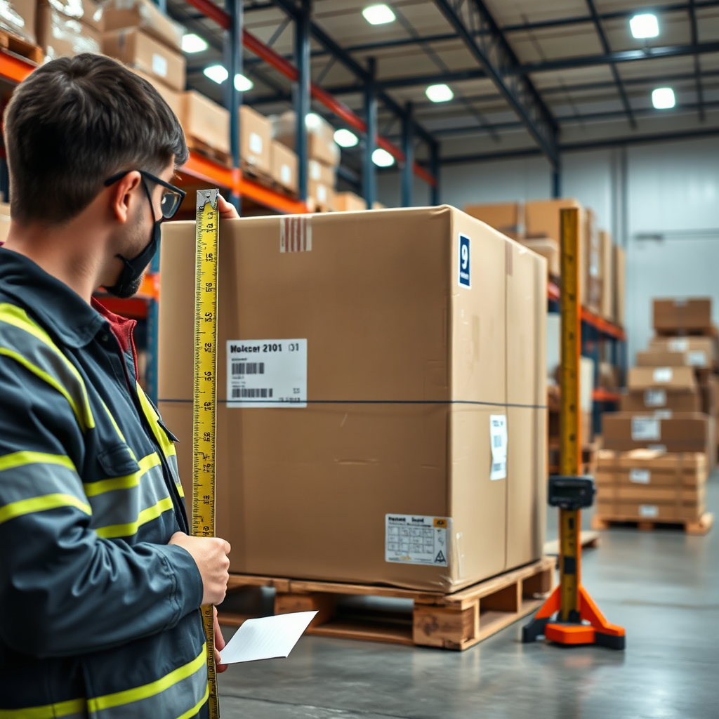 Worker measuring pallet dimensions