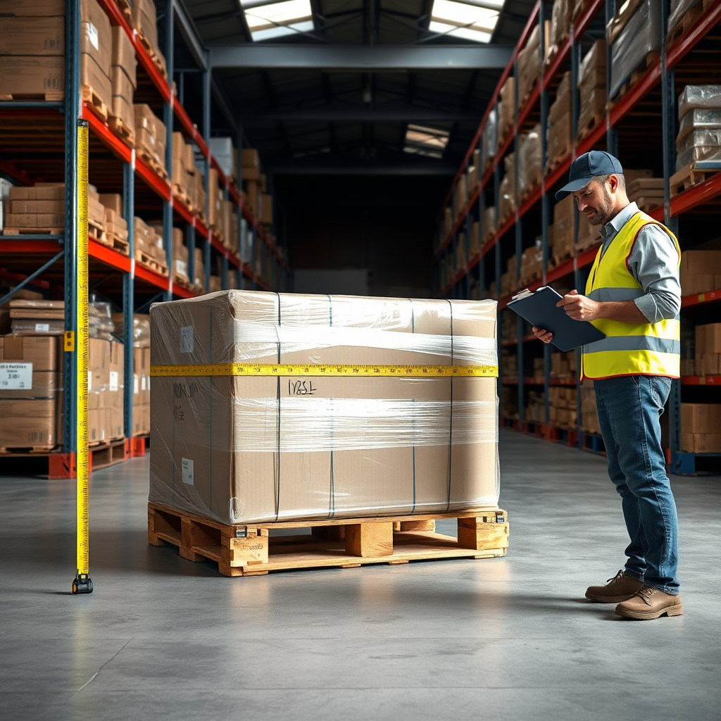 Warehouse worker measuring pallet freight