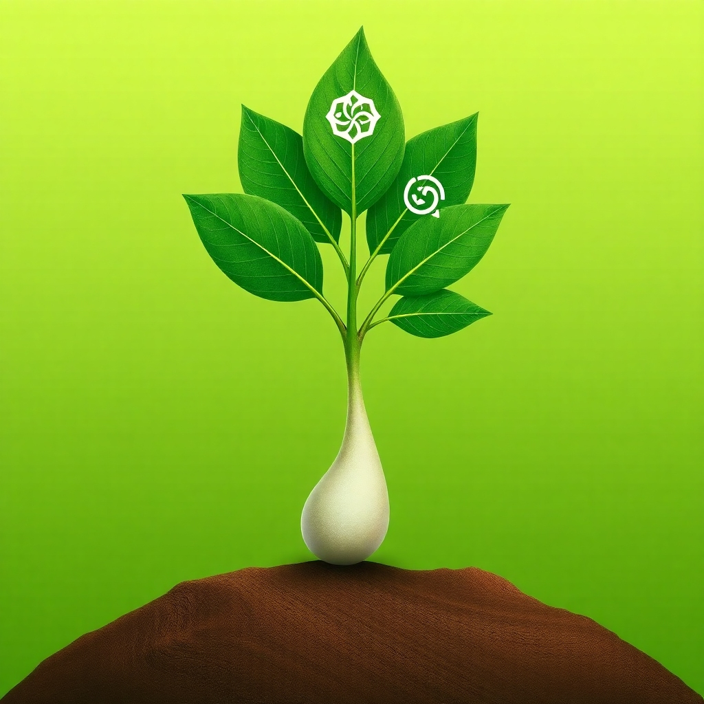 A stylized 4K image of a seed sprouting from earth, transforming into a tall strong tree with leaves that are branded with unique symbols. The background is a solid color gradient from light green to dark green. The leaves have subtle textures and shadows, giving the image a three-dimensional feel. Strong emphasis on the visual representation of growth, stability, and brand identity.