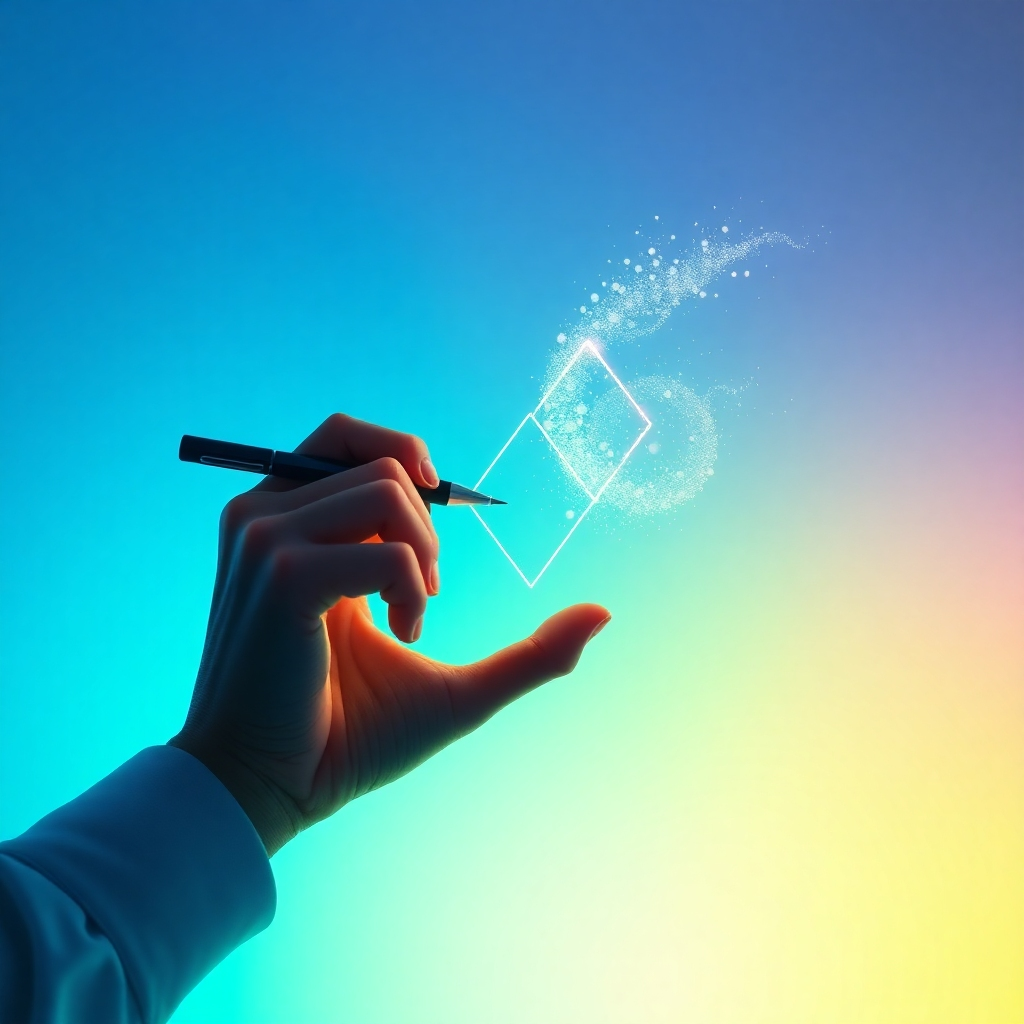 A stylized 4K resolution image representing the fusion of graphic and motion design. The scene depicts a hand carefully sketching a geometric shape that is simultaneously dissolving into particles of light. The color palette is vibrant yet harmonious, with gradients of blues, greens, and yellows. The lighting is soft and diffused, creating a sense of creativity and innovation. Focus on the details of the hand and the interplay between the tangible sketch and the ephemeral light particles. Style reference: a blend of minimalist graphic design and ethereal digital art. High quality rendering with emphasis on light and texture.