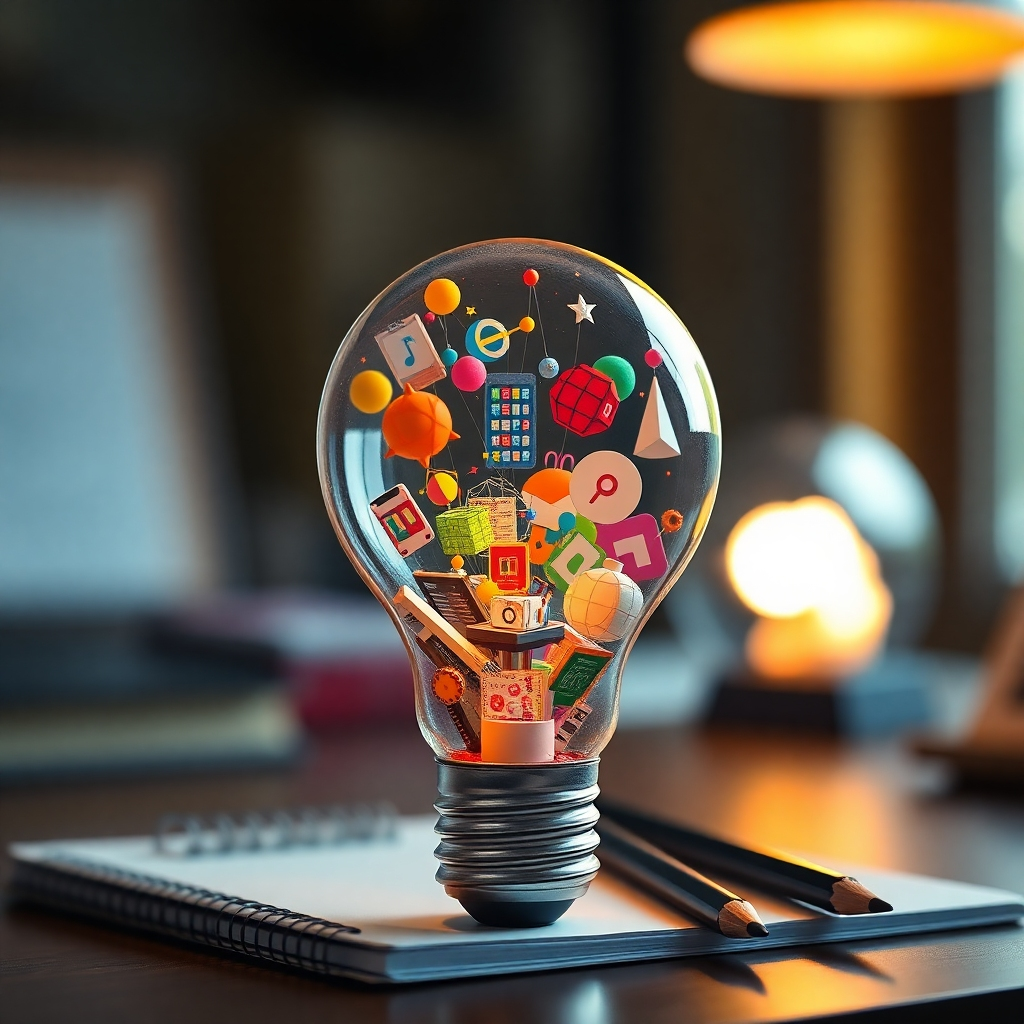 A surreal image of a light bulb filled with a vibrant, miniature world containing various graphic design elements and motion graphic animations. The bulb sits on a desk with a notebook and pencils. The lighting is warm and inviting, emphasizing the creative spark within the bulb. The background is blurred to focus attention on the bulb.