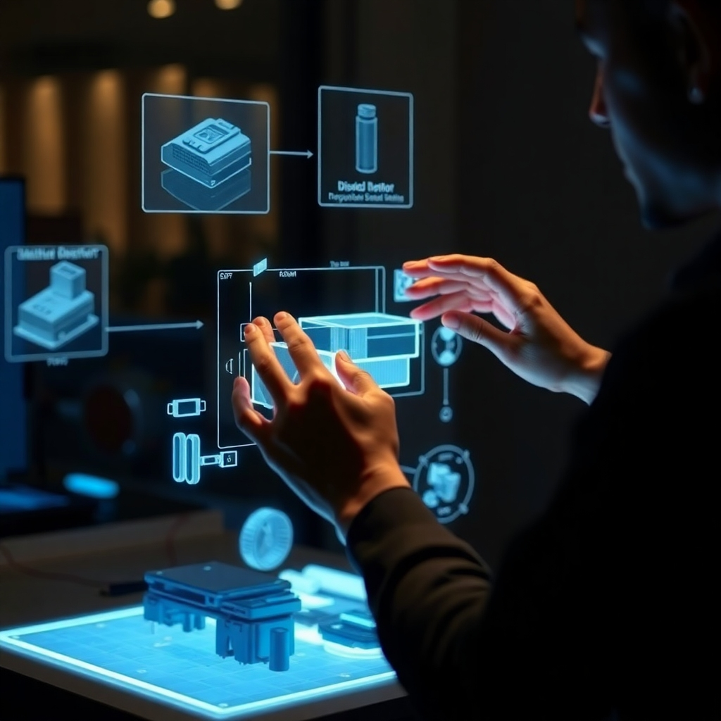 A user interacting with a holographic interface, manipulating 3D graphic elements with their hands. The interface projects a detailed model of a product, allowing for rotation, zooming, and disassembly. The surrounding environment is dimly lit, emphasizing the glow of the holographic display. Focus on the interaction between the user and the technology.