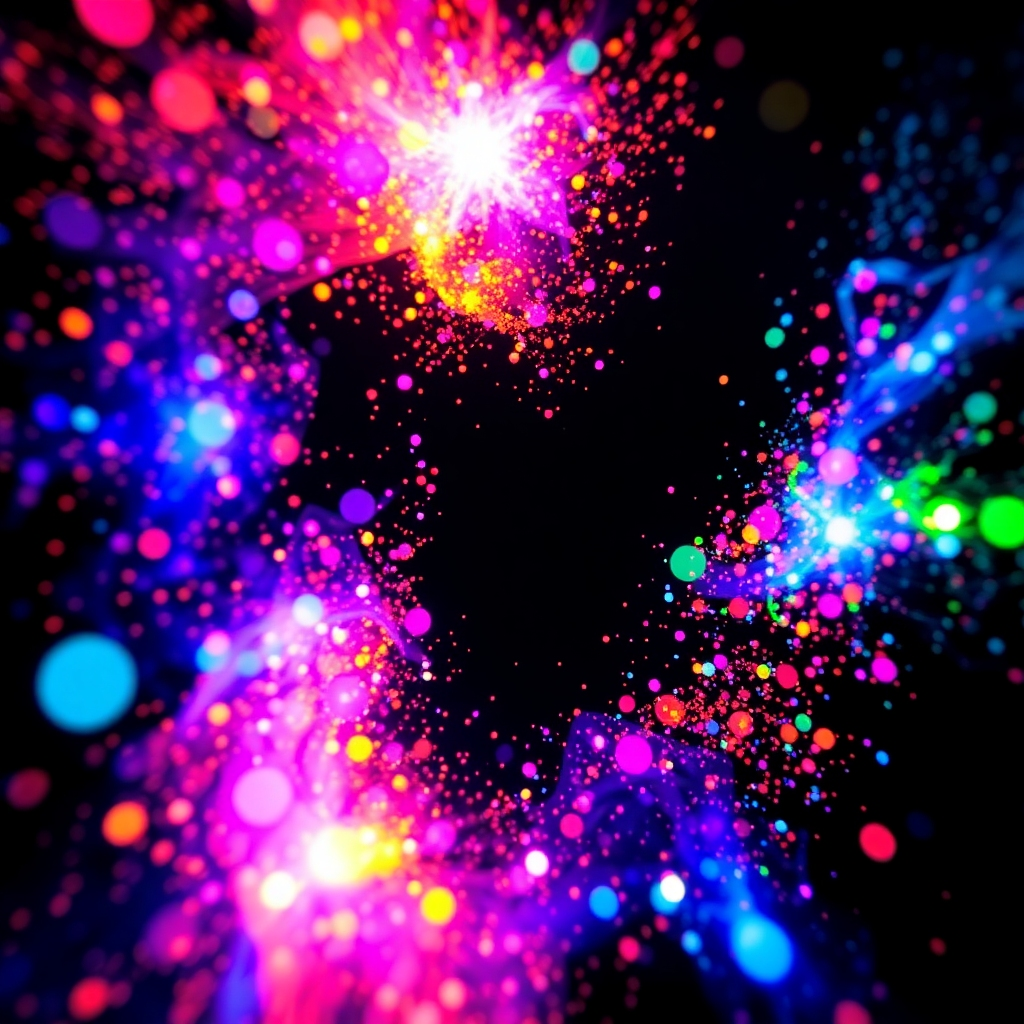 A vibrant explosion of color and light particles forming abstract shapes against a dark background. The composition is dynamic, with particles swirling and colliding. The lighting is dramatic, highlighting the contrast between the bright particles and the dark background. The image should convey a sense of energy and excitement.