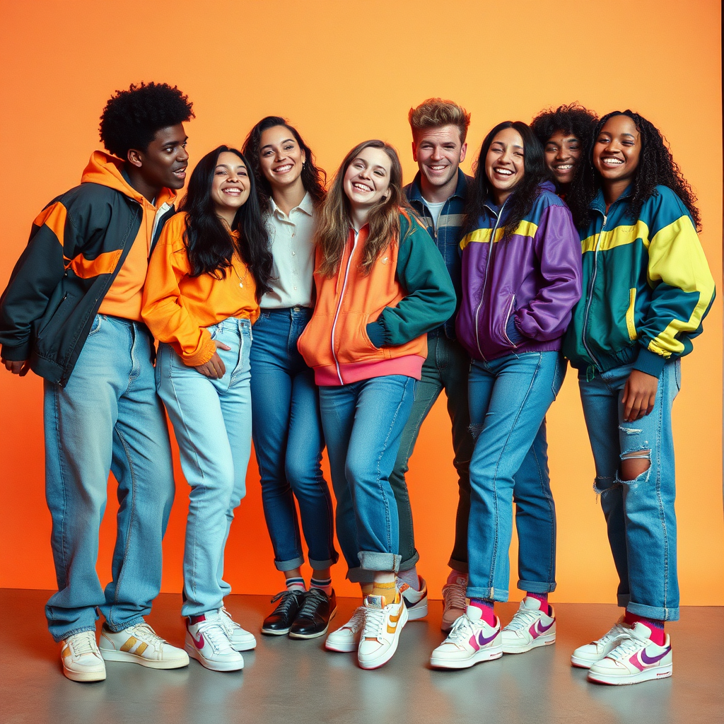Group of cool kids from the 90s with retro outfits.