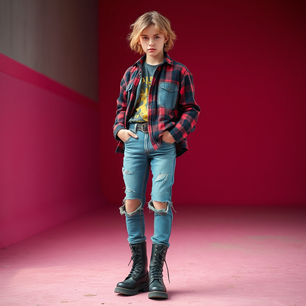 90s grunge fashion with ripped jeans and flannel shirt