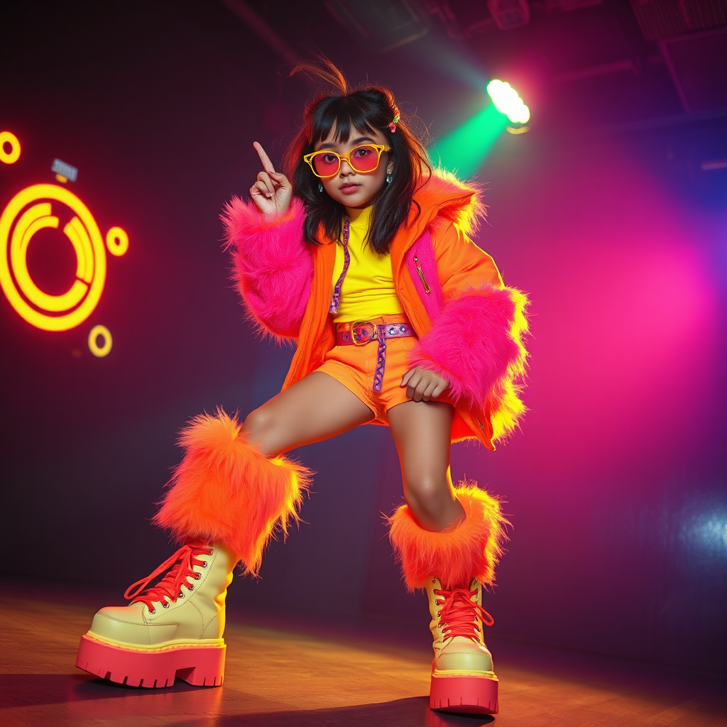 90s rave fashion with bright colors and platform shoes
