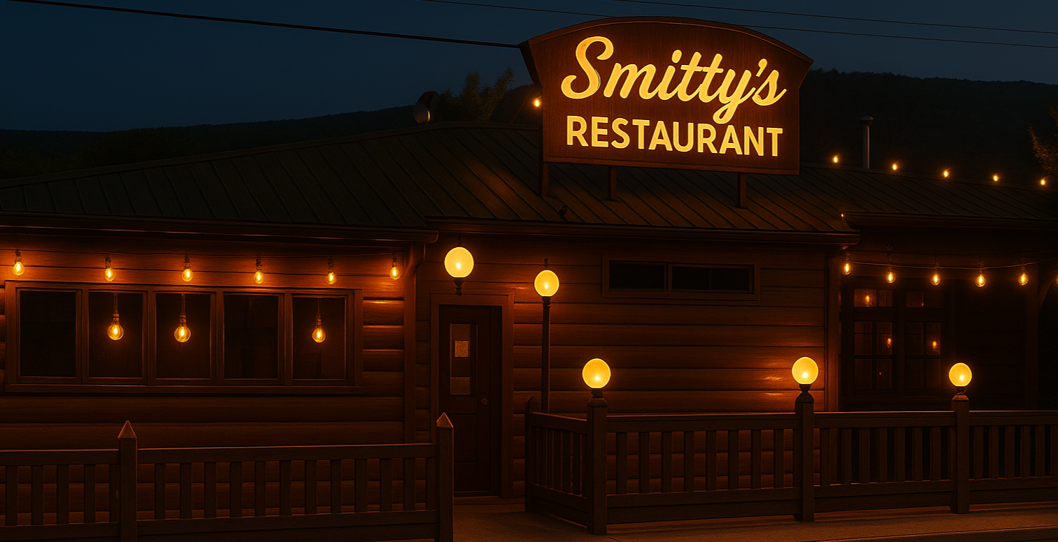 A photorealistic image of Smitty's Restaurant, showcasing a warm, inviting exterior with soft golden lighting at dusk. The camera angle should be slightly elevated, capturing the charming facade with wooden details and a welcoming front porch adorned with flower pots. Outdoor string lights create a cozy ambiance, while the interior is subtly visible through the windows, hinting at the warm, family-friendly atmosphere inside. The rich color palette includes warm browns, soft yellows, and hints of natural greenery. This image should be hyperrealistic and in 8K resolution.