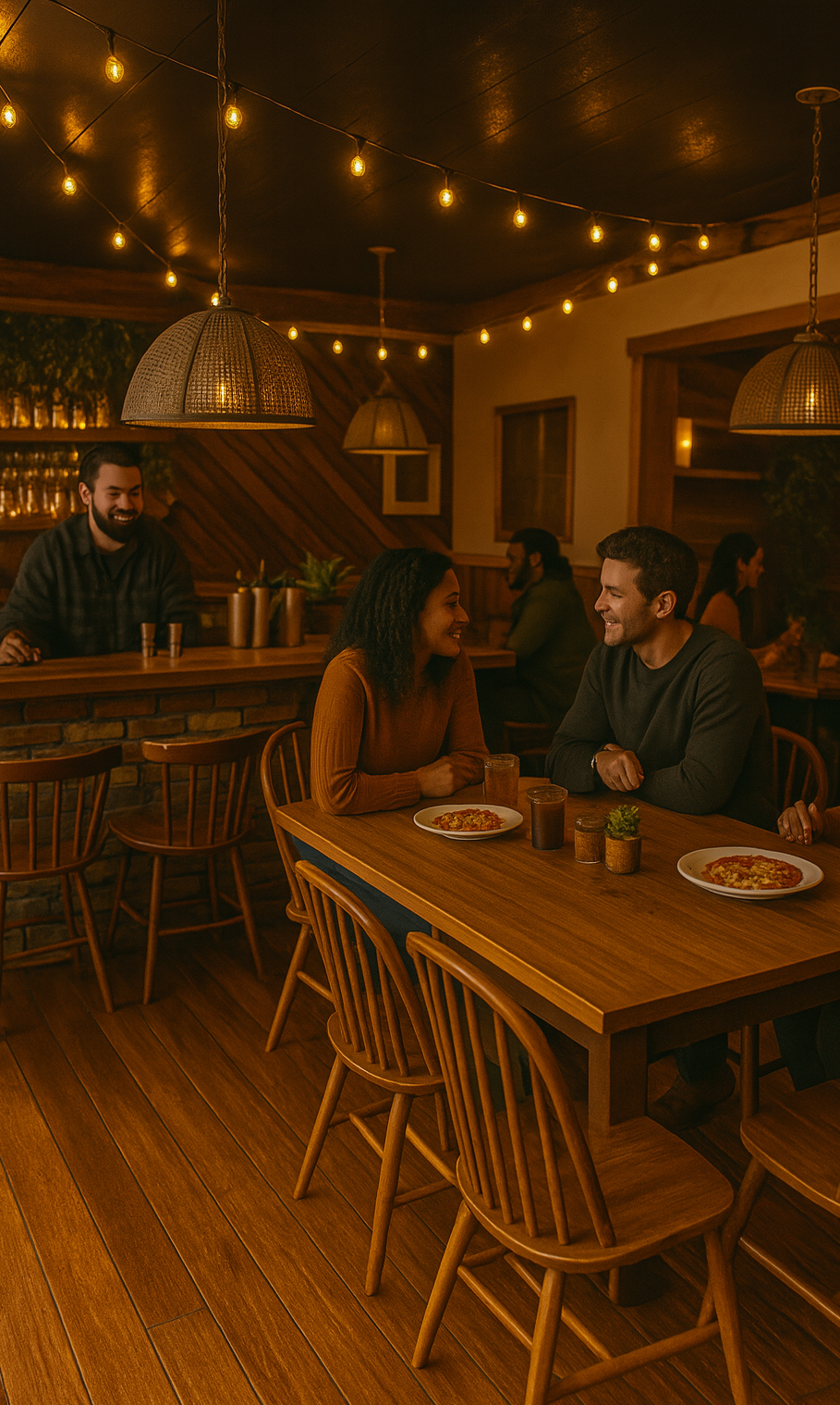 An engaging, photorealistic image of the bustling interior of Smitty's Restaurant during a busy service. The composition captures friendly staff interacting with customers, along with vibrant plates of food being served. The soft glow from pendant lights creates a warm atmosphere, enhanced by natural wood textures and vibrant decor. This lively scene emphasizes community and connection, portraying the heart of Smitty's Restaurant.